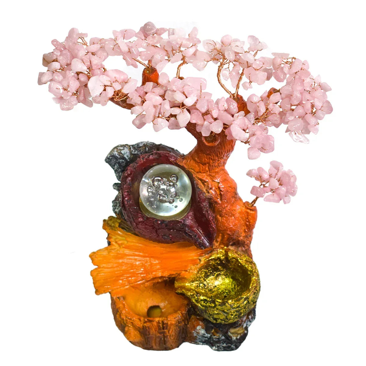 Fantana arteziana, Feng Shui, LED, pompa submersibila, pietre semipretioase de Cuart Roz, Naimeed D3009-Roz, Inaltime 28cm