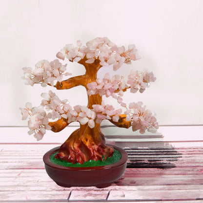 Copac Feng Shui cu Pietre Semipretioase de Cuart Roz, Suport Ceramic, Naimeed D3013W, Inaltime 22cm