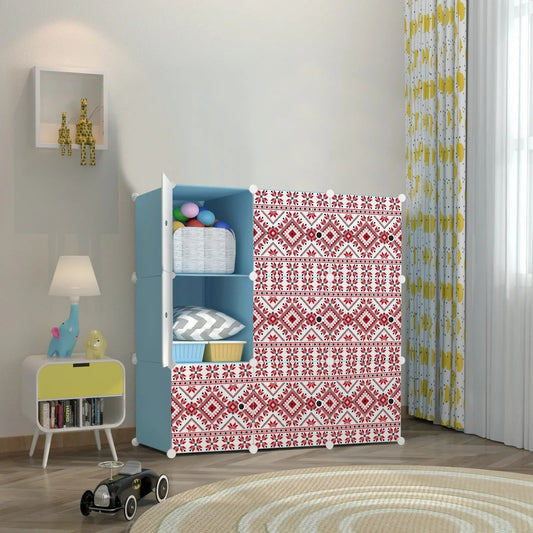 Dulap modular din plastic cu schelet metalic, imprimeu traditional, Naimeed D3424B, culoare Albastru, 111x111x37 cm