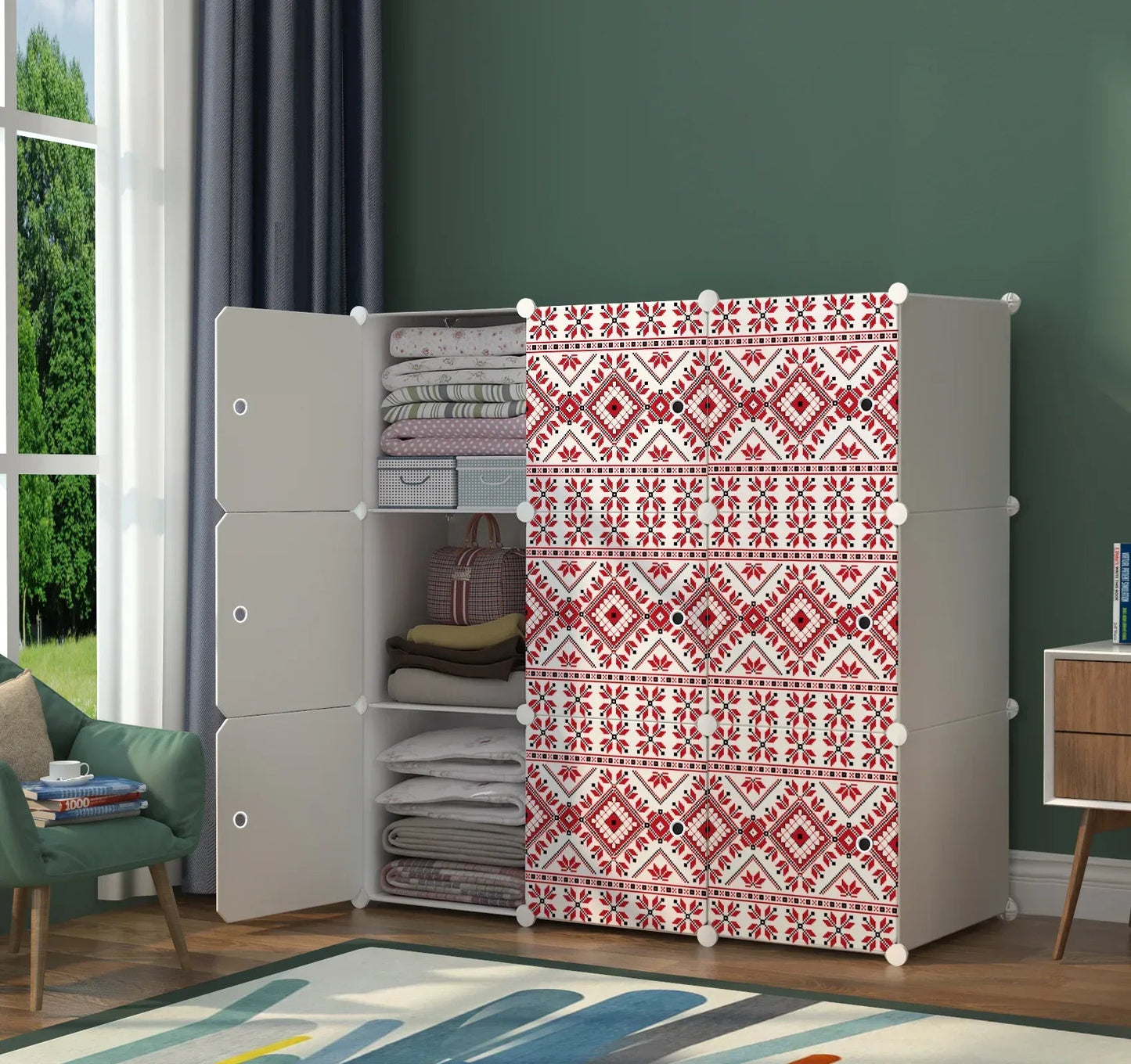 Dulap modular din plastic cu schelet metalic, imprimeu traditional, Naimeed D3424W, culoare Alb, 111x111x37 cm