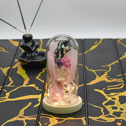 Aranjament floral in cupola de sticla, lumina Led, D4001, Roz