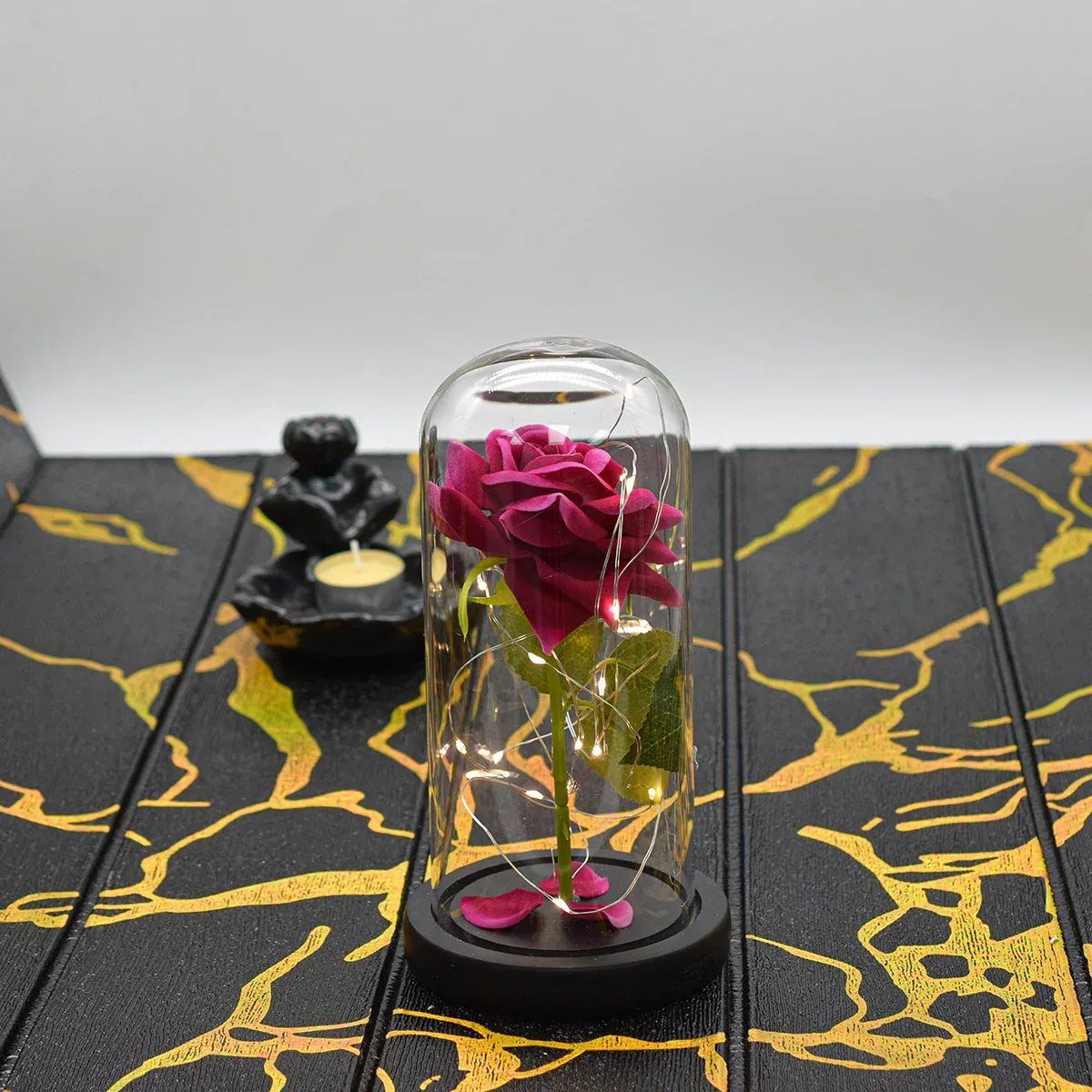 Aranjament floral in cupola de sticla, lumina Led, D4007, Roz