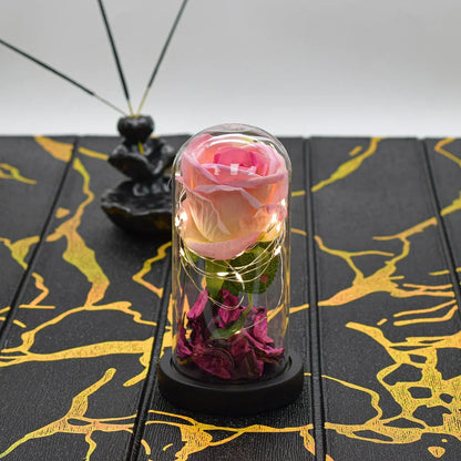 Aranjament floral in cupola de sticla, lumina Led, D4013, Roz