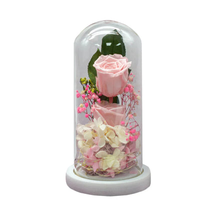 Aranjament floral in cupola de sticla, lumina Led, D4014, Roz