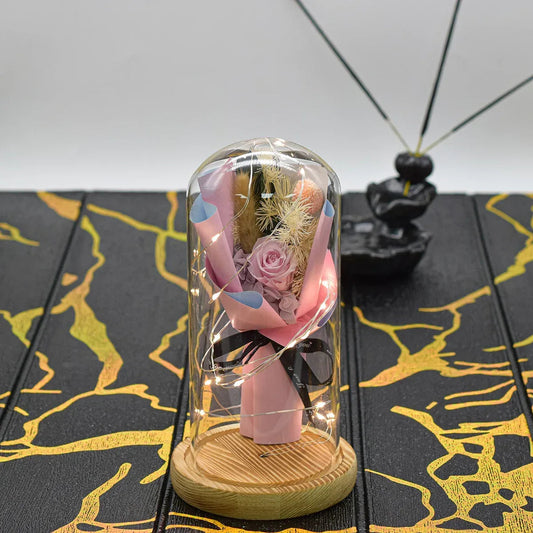 Aranjament floral in cupola de sticla, lumina Led, D4023, Roz
