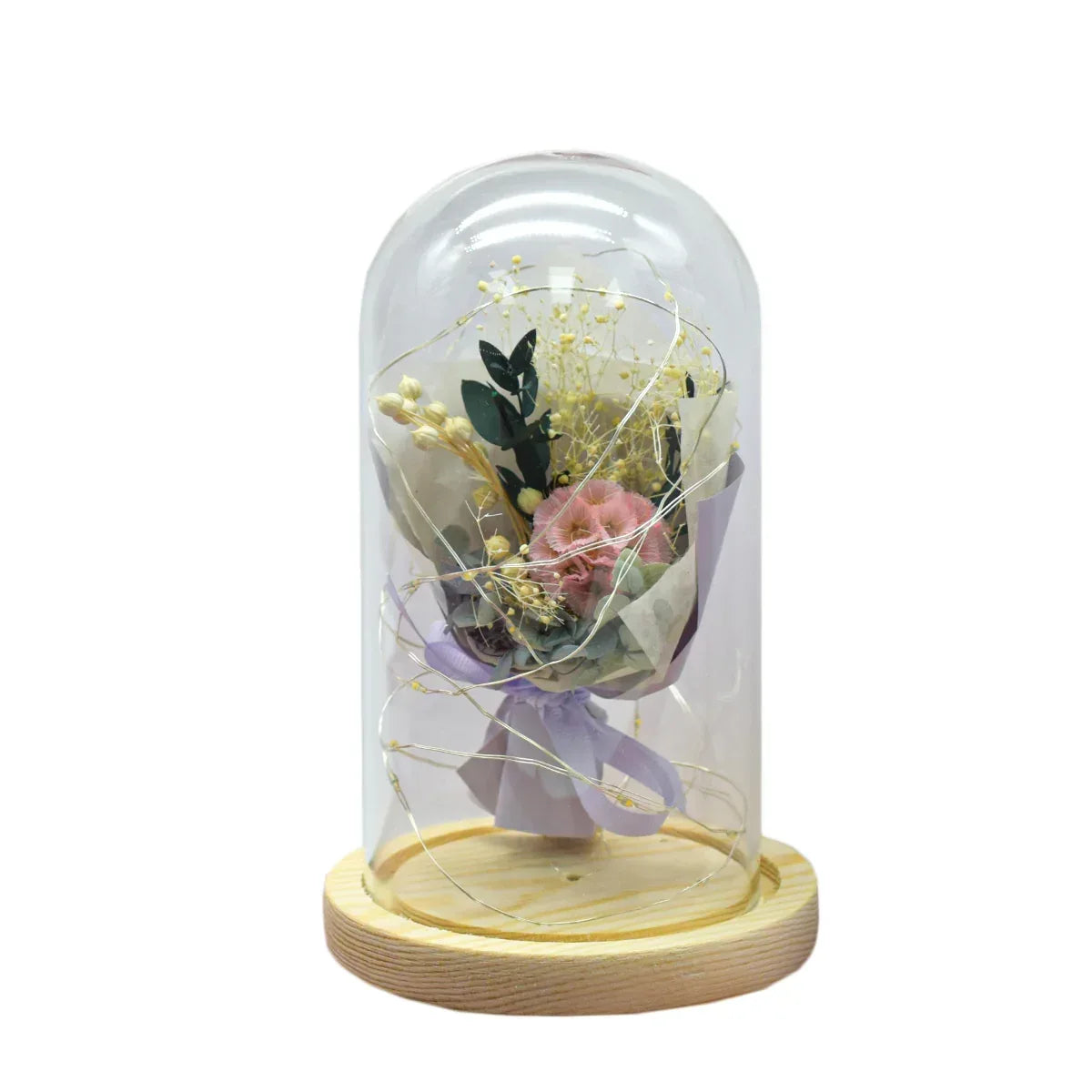 Aranjament floral in cupola de sticla, lumina Led, D4026, Roz