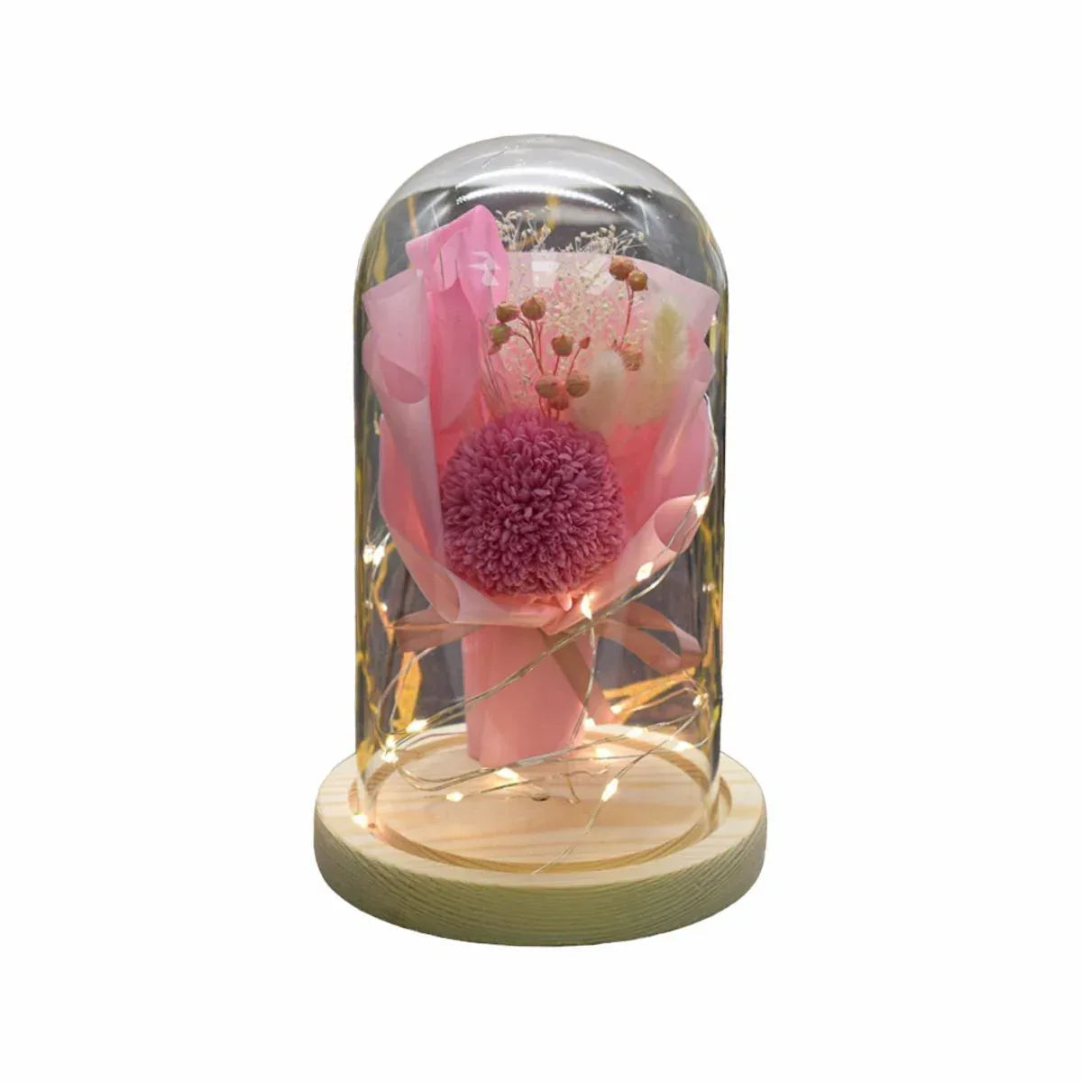 Aranjament floral in cupola de sticla, lumina Led, D4038, Roz