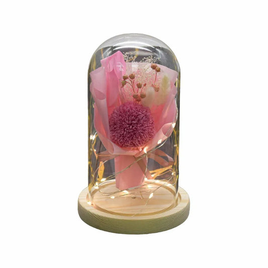 Aranjament floral in cupola de sticla, lumina Led, D4038, Roz