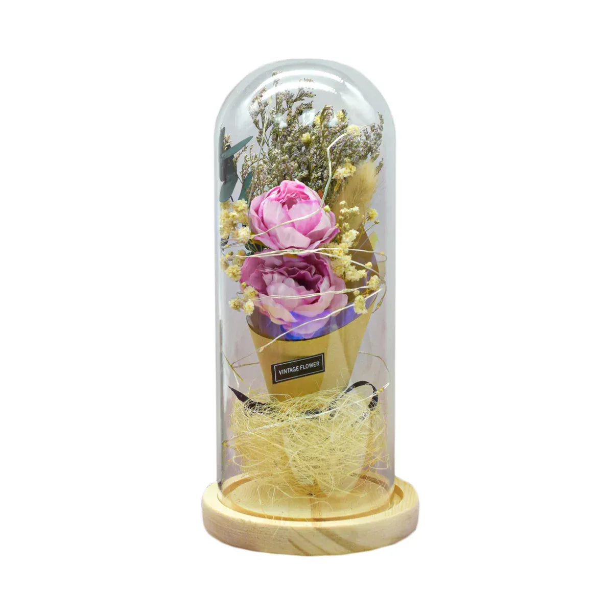 Aranjament floral in cupola de sticla, lumina Led, D4049, Roz