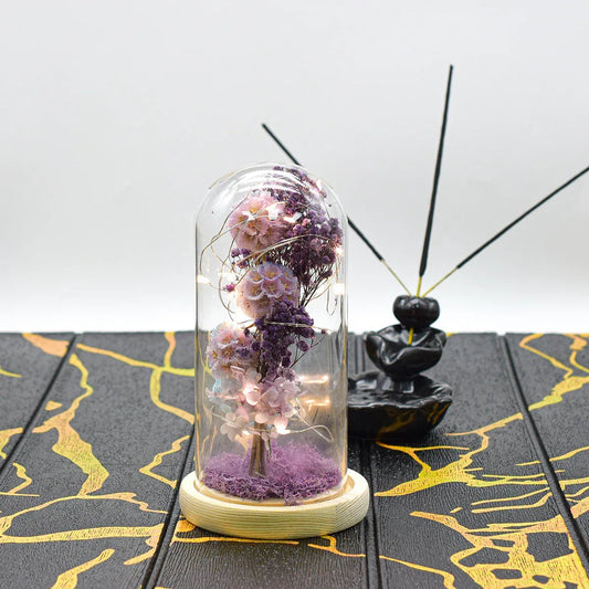 Aranjament floral in cupola de sticla, lumina Led, D4055, Mov