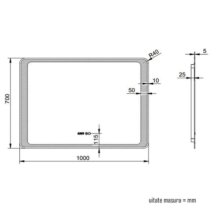 Oglinda baie, sistem iluminare LED, IP44, 100x70cm, D4218, Dezaburire, Touch, Ceas