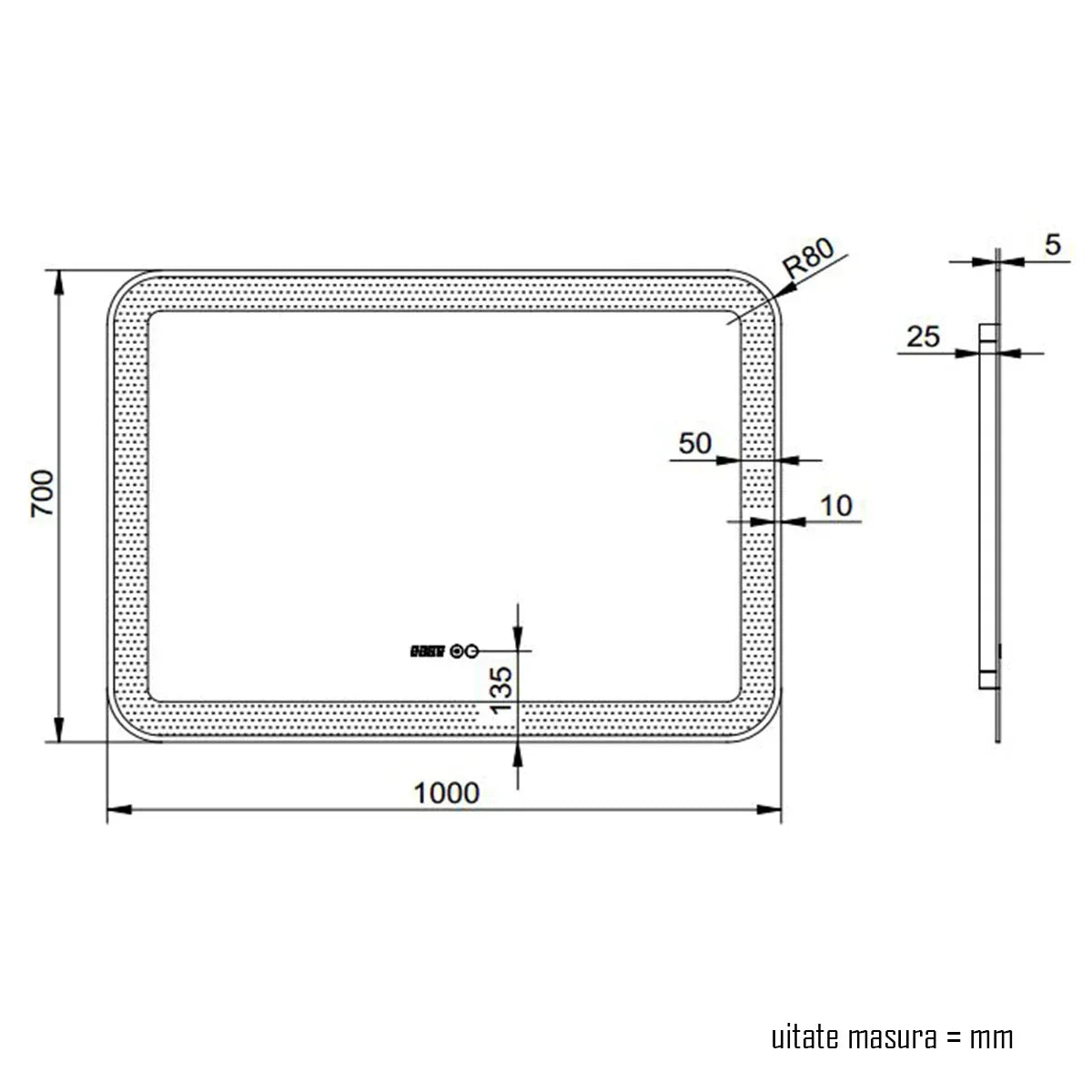 Oglinda baie, sistem iluminare LED, IP44, 100x70cm, D4230, Dezaburire, Touch, Ceas