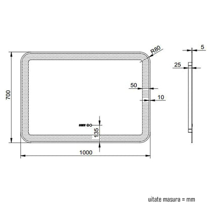 Oglinda baie, sistem iluminare LED, IP44, 100x70cm, D4230, Dezaburire, Touch, Ceas