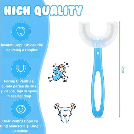 Pachet periute de dinti in forma de U pentru copii, design pentru curatarea dintilor la 360°, varsta intre 6-12 ani, D4376, Albastru