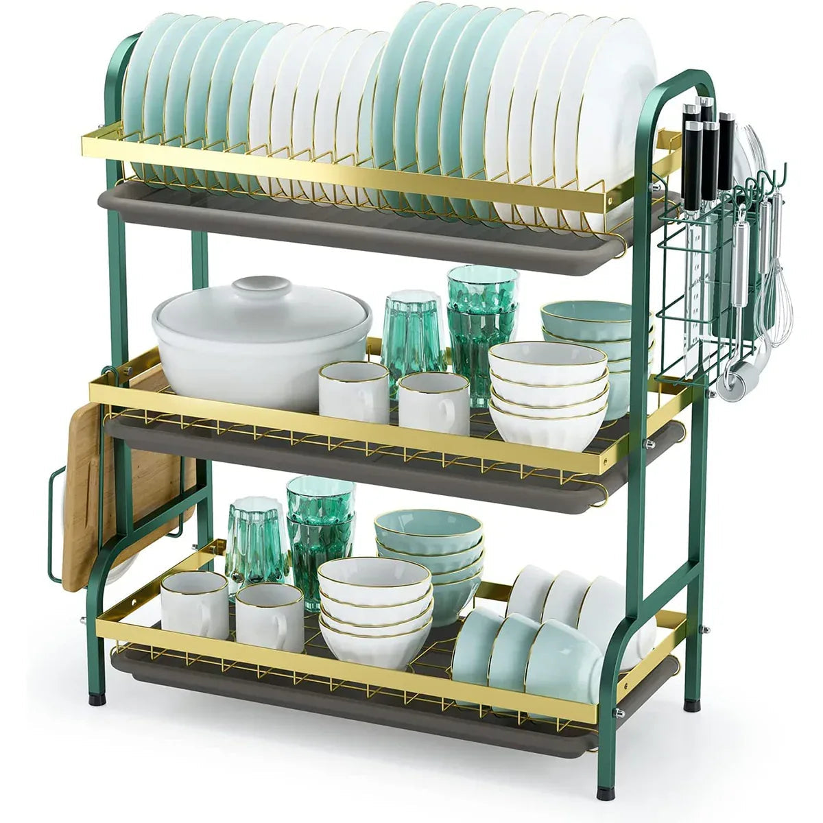 Raft metalic pentru vase si tacamuri, 3 polite, Naimeed D4470, Verde/Auriu