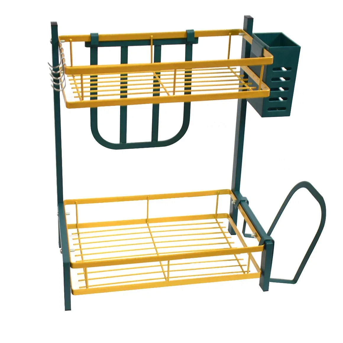 Raft metalic pentru vase si tacamuri, 2 polite, Naimeed D4474, Verde/Auriu
