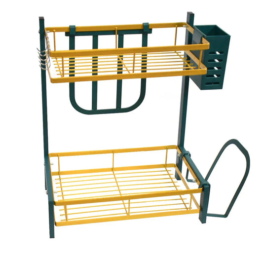 Raft metalic pentru vase si tacamuri, 2 polite, Naimeed D4474, Verde/Auriu