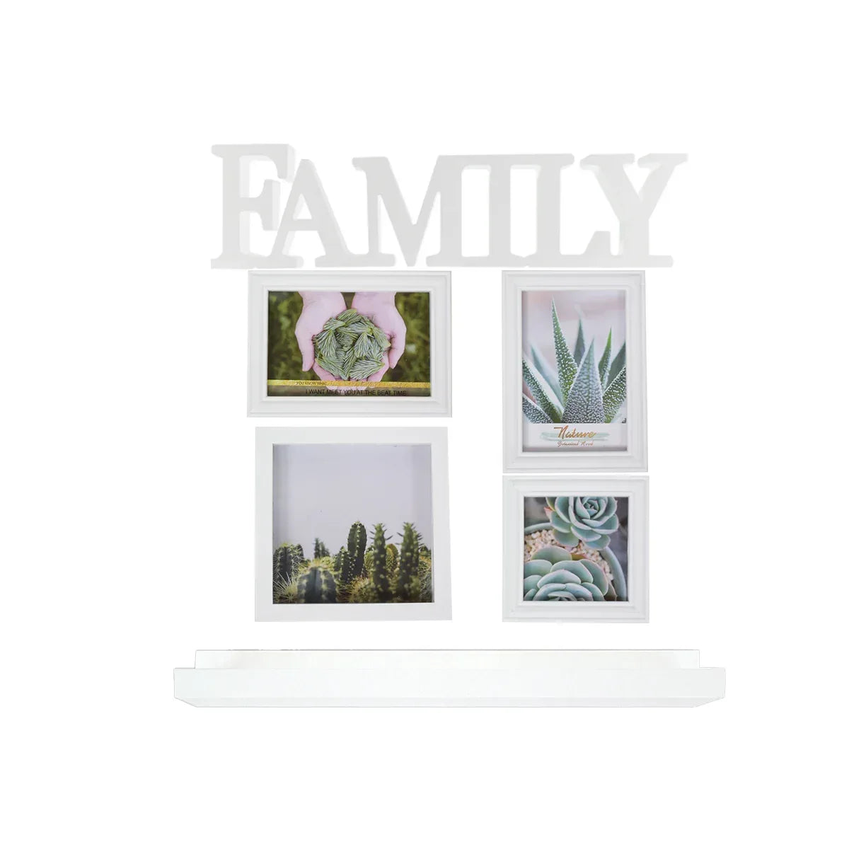 Set 4 rame foto, Naimeed D4599W, 1 polita si 1 ornament, Alb