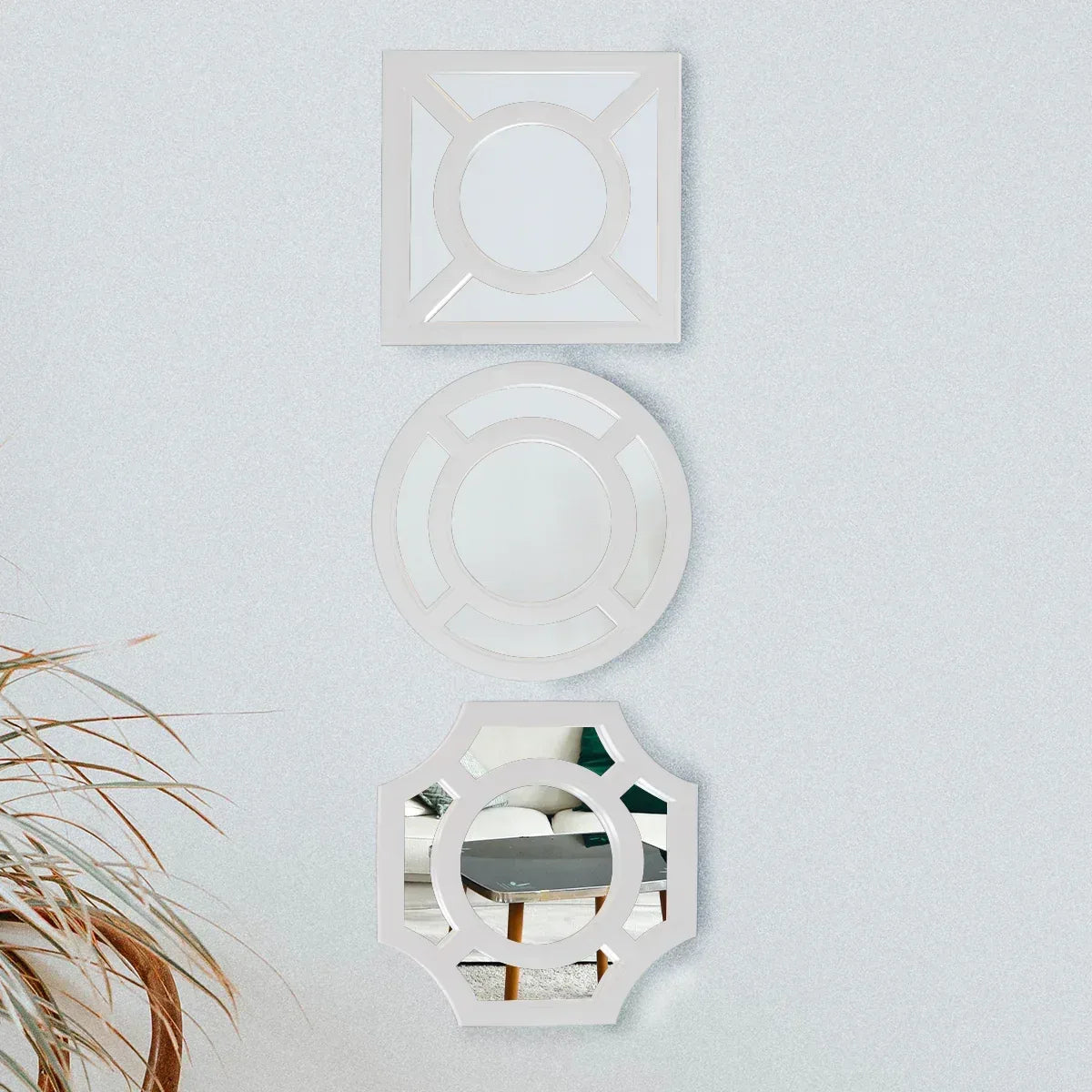 Set 3 Oglinzi Decorative de Perete, Naimeed D4616W, Alb, 25x2.5x25 cm