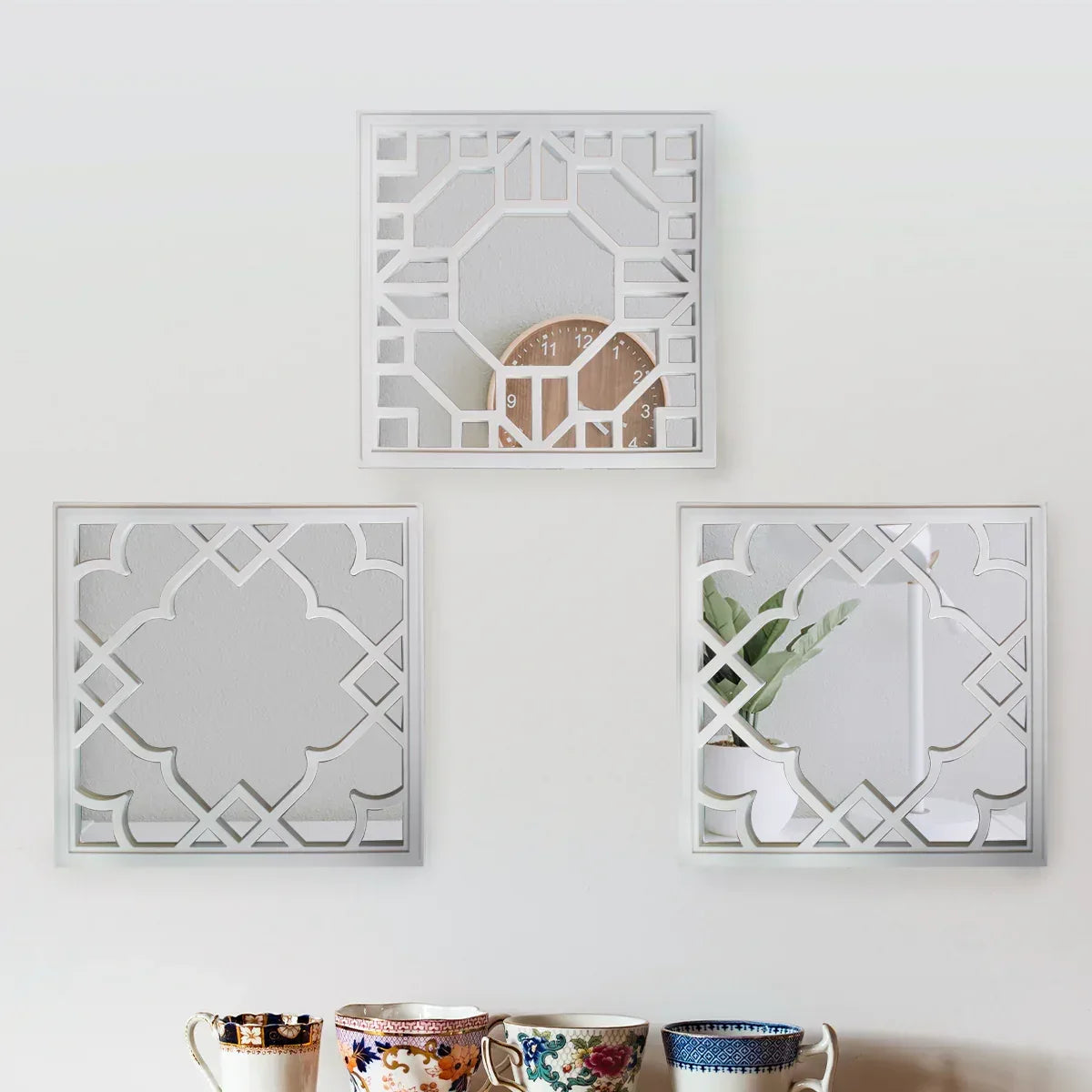 Set 3 Oglinzi Decorative de Perete, Naimeed D4617W, Alb, 25.5x2.5x25.5 cm