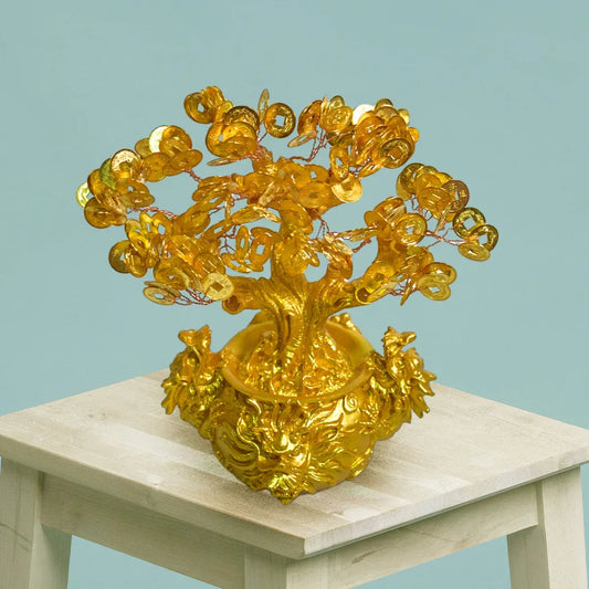 Copac Feng Shui cu Monede Aurii, Suport Ceramic, Naimeed D4637, Inaltime 20cm