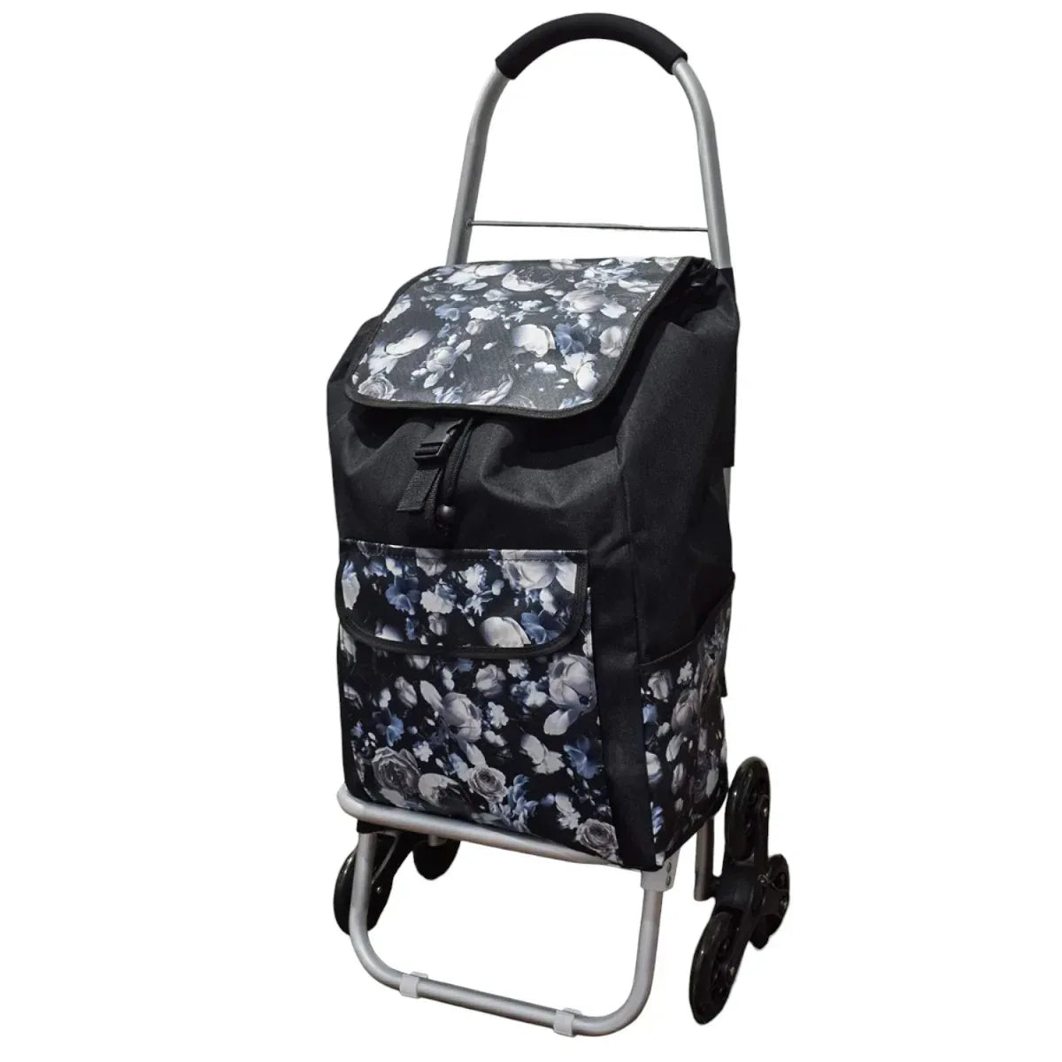 Carucior de piata pliabil, cadru din aluminiu, roti din silicon, Naimeed D4948, 6 roti, 49 L, Negru/Albastru