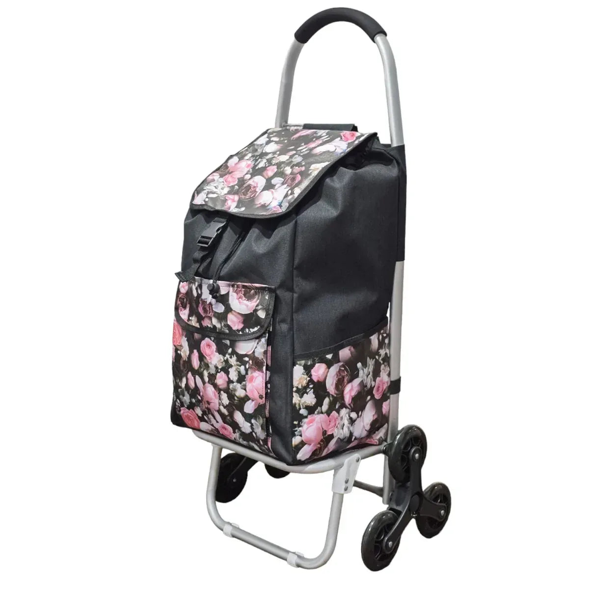 Carucior de piata pliabil, cadru din aluminiu, roti din silicon, Naimeed D4948, 6 roti, 49 L, Negru/Rosu
