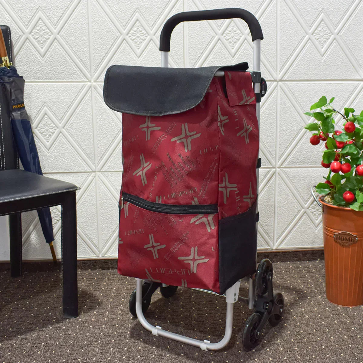 Carucior de piata pliabil, cadru din aluminiu, roti din silicon, Naimeed D4950, 6 roti, 49 L, Rosu