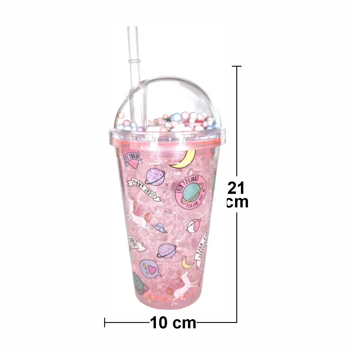 Pahar cu capac si pai, Naimeed D5020, Roz-unicorn