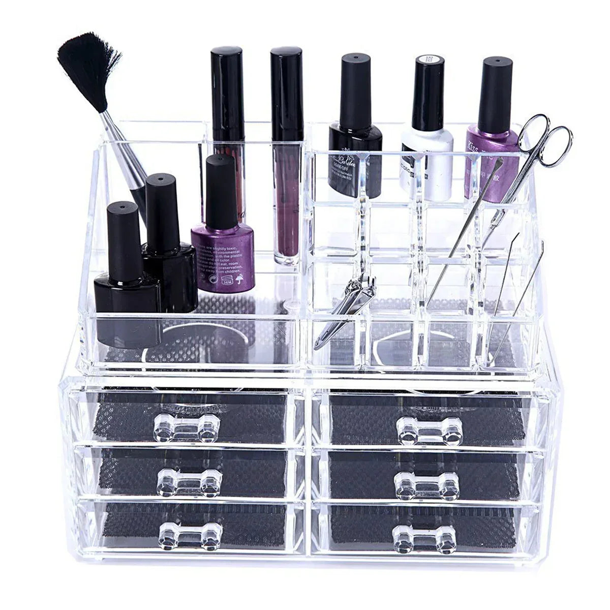 Organizator cosmetice, Naimeed D5175, 6 sertare, cu compartiment pentru discheta demachianta, ruj, oja, Transparent