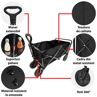 Carucior pliabil de gradina, Naimeed D5660, cadru metalic, maner extensibil, roti silentioase, 87x50x75cm, 80kg, Negru