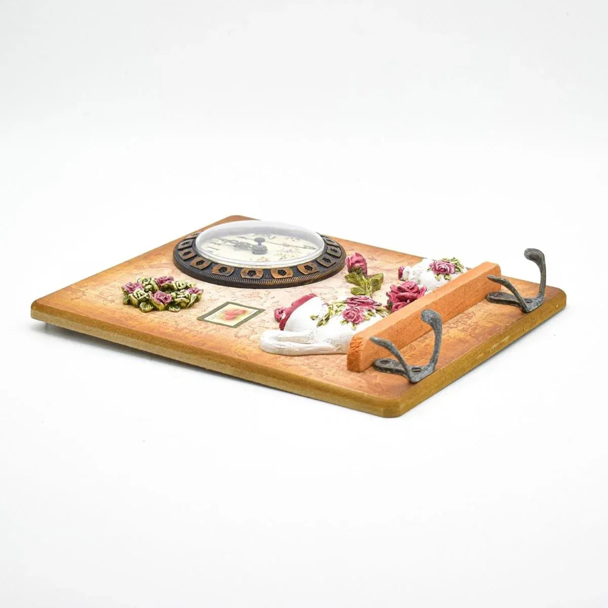 Cuier decorativ cu 2 carlige duble, Naimeed D58-2, 18.5x22x0.8 cm, Maro