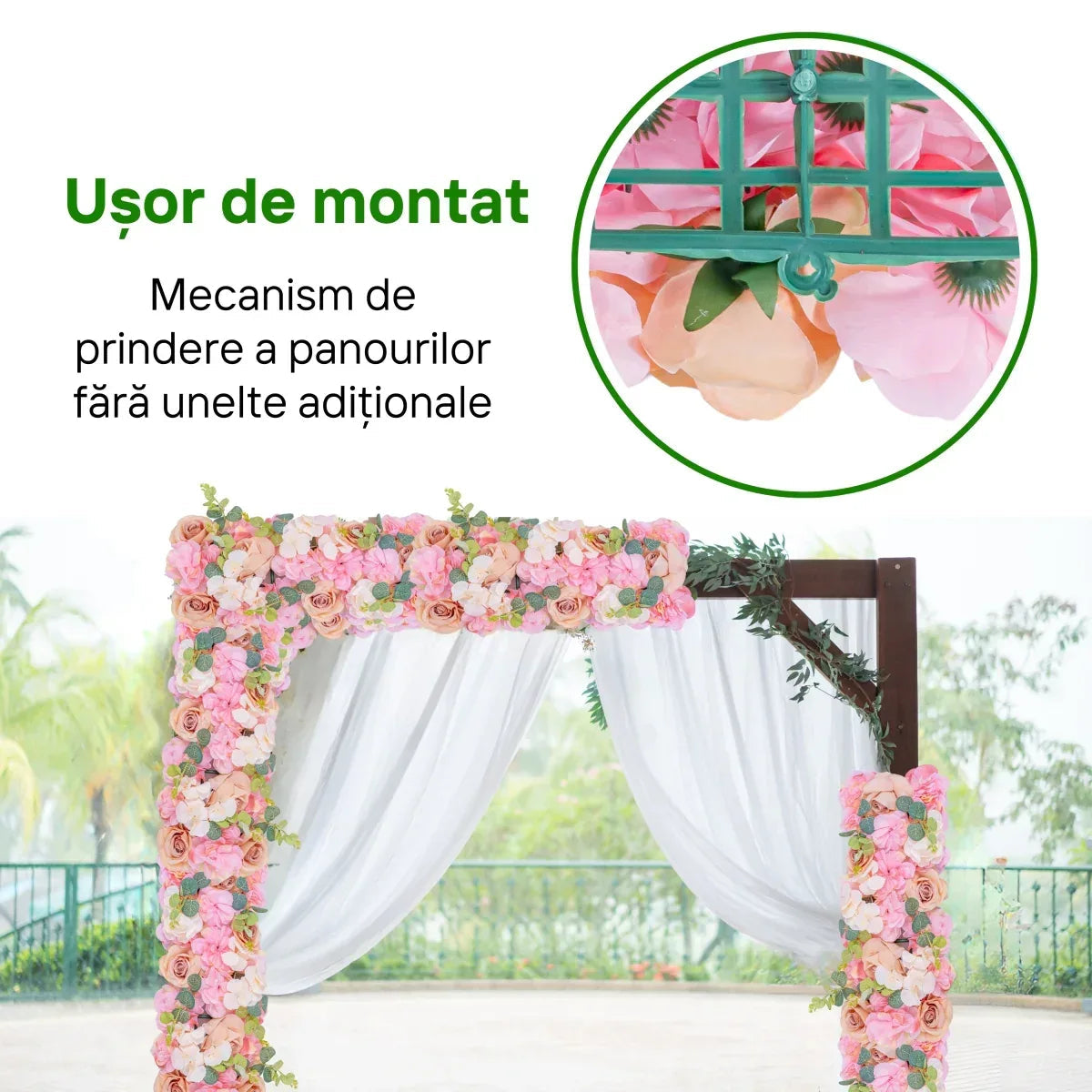 Panou din plante artificiale cu flori, Naimeed D5905, Roz, 250x100mm