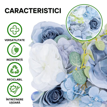 Panou din plante artificiale cu flori, Naimeed D5908, Albastru, 250x100mm