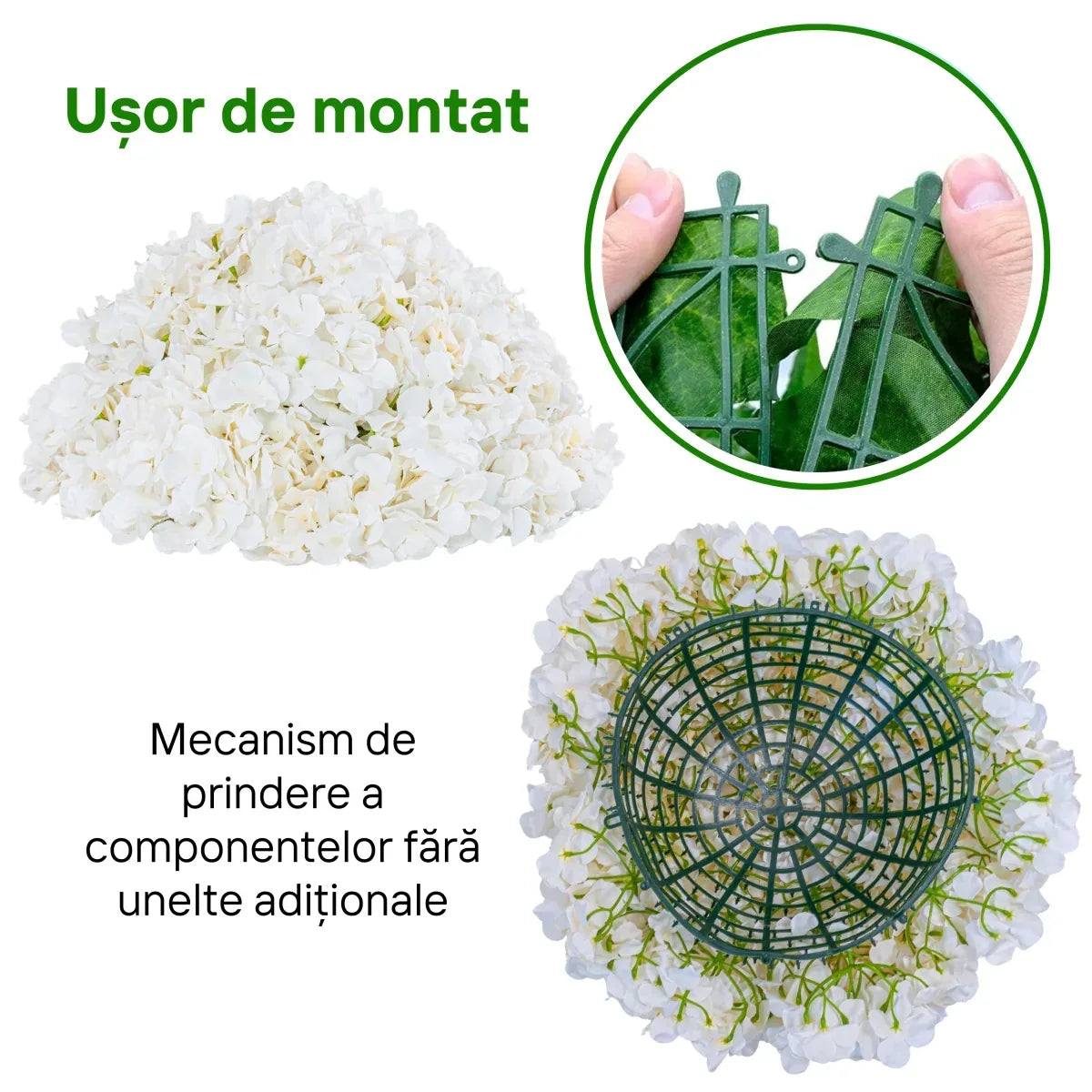 Sfera din plante artificiale, cu flori, Naimeed D5926, Alb, 150mm