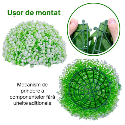 Sfera din plante artificiale, cu flori, Naimeed D5931, Verde-Alb, 280mm