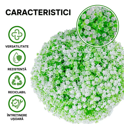 Sfera din plante artificiale, cu flori, Naimeed D5934, Verde-Alb, 100mm