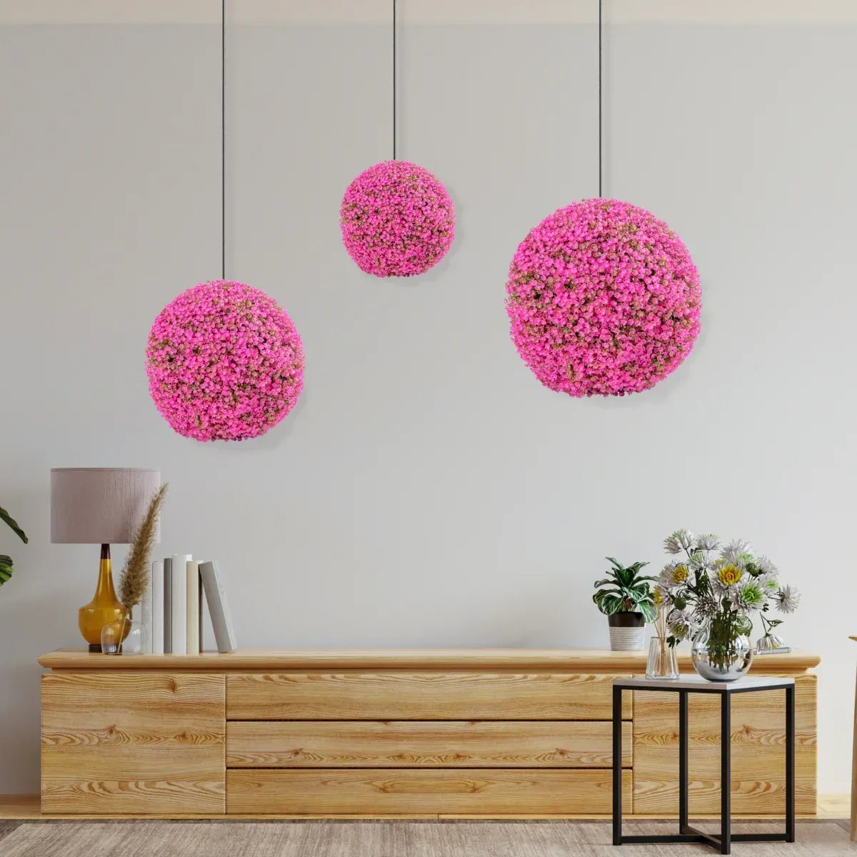Sfera din plante artificiale, cu flori, Naimeed D5939, Roz Inchis, 280mm