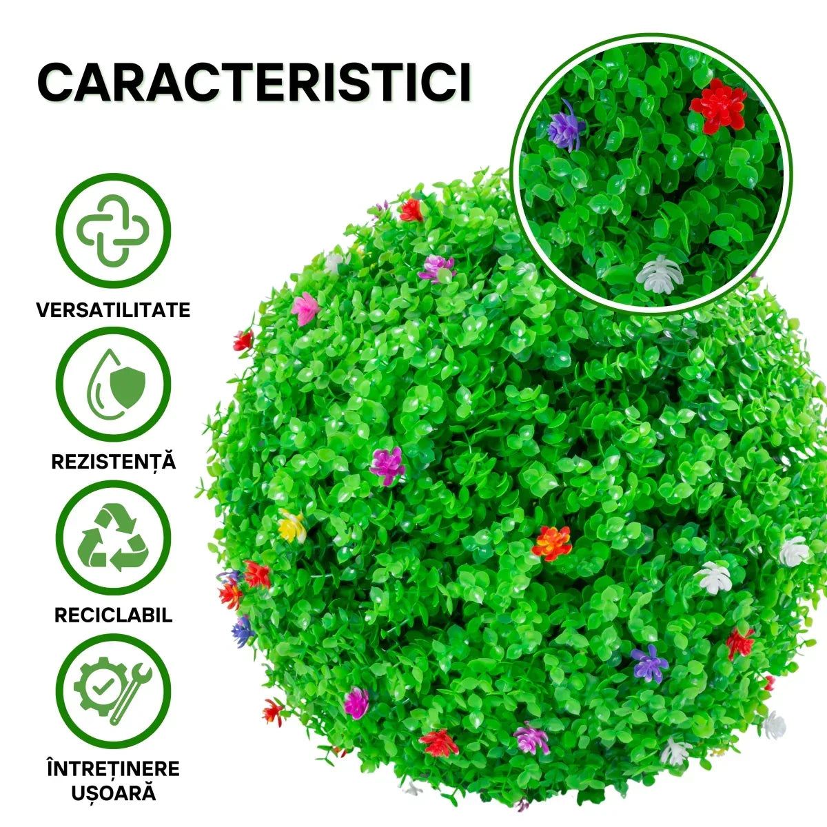 Sfera din plante artificiale, cu flori, Naimeed D5945, Verzui, 150mm
