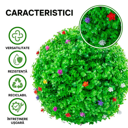 Sfera din plante artificiale, cu flori, Naimeed D5945, Verzui, 150mm