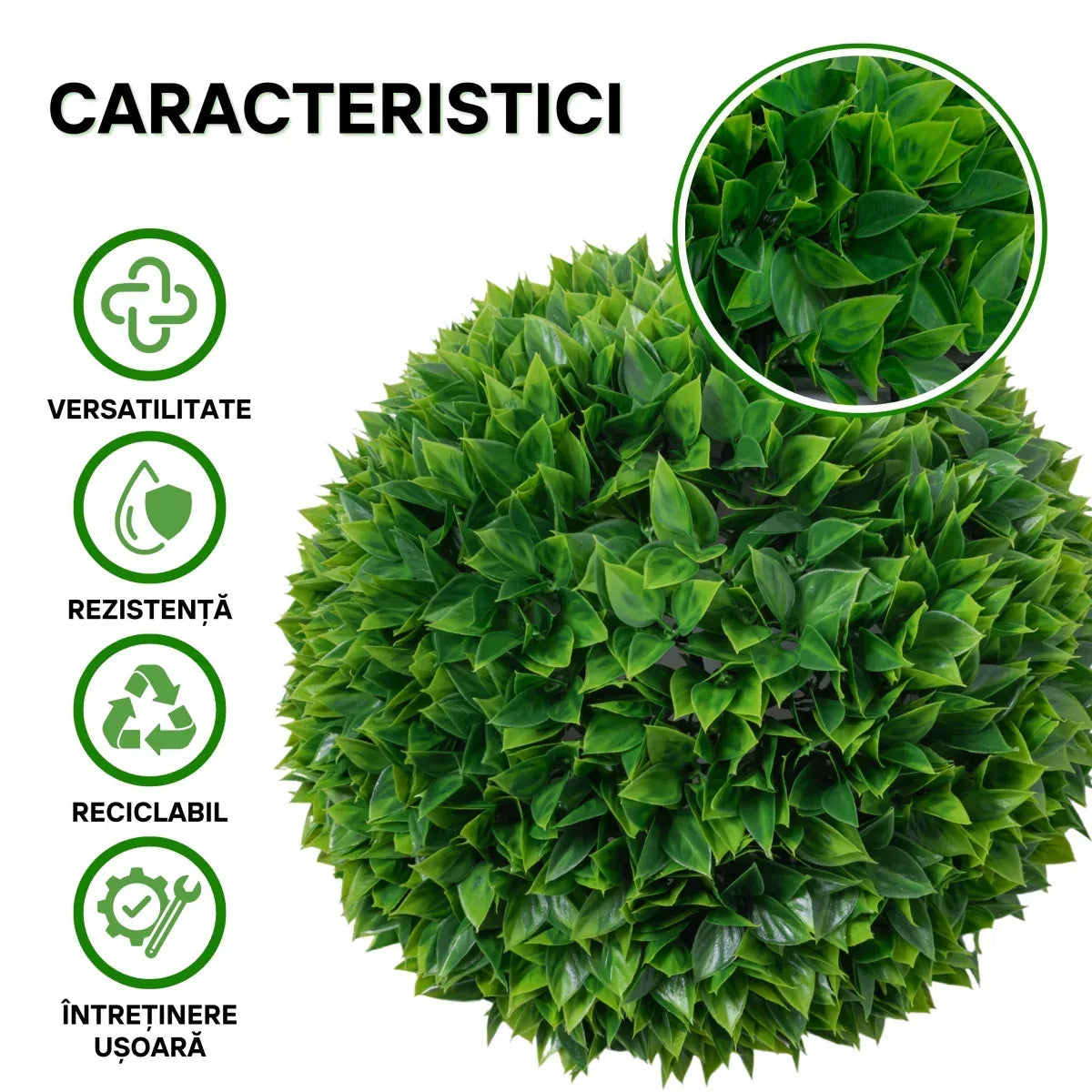 Sfera din plante artificiale, cu flori, Naimeed D5951, Verde intens, 280mm