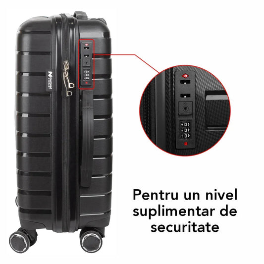 Troler voiaj Mediu M, StowAway, Naimeed D5962, 4 roti duble 360 grade, PP, inchidere cifru, Negru, 39x22x51cm