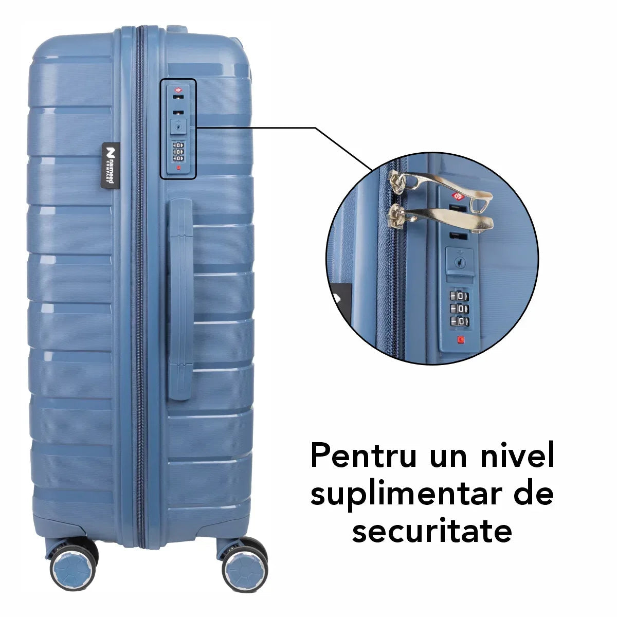 Troler voiaj Mic S, StowAway, Naimeed D5963, 4 roti duble 360 grade detasabile , PP, inchidere cifru, Albastru, 37x20x48cm