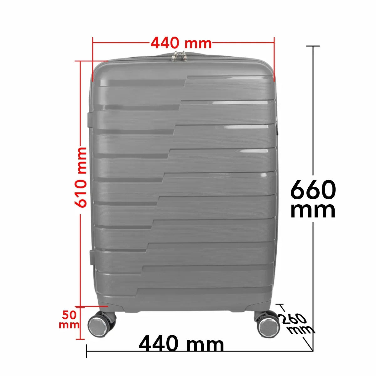 Troler voiaj Mare L, StowAway, Naimeed D5965, 4 roti duble 360 grade, PP, inchidere cifru, Gri, 44x26x61cm