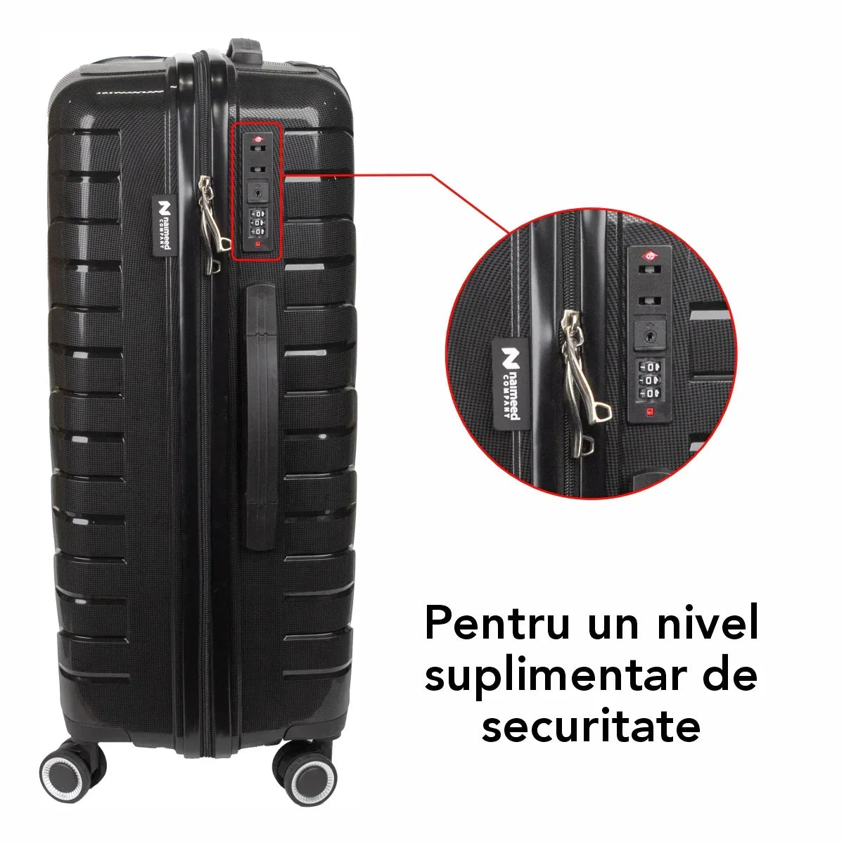 Troler voiaj Mare XL, StowAway, Naimeed D5966, 4 roti duble 360 grade detasabile , PP, inchidere cifru, Negru, 51x29.5x70cm