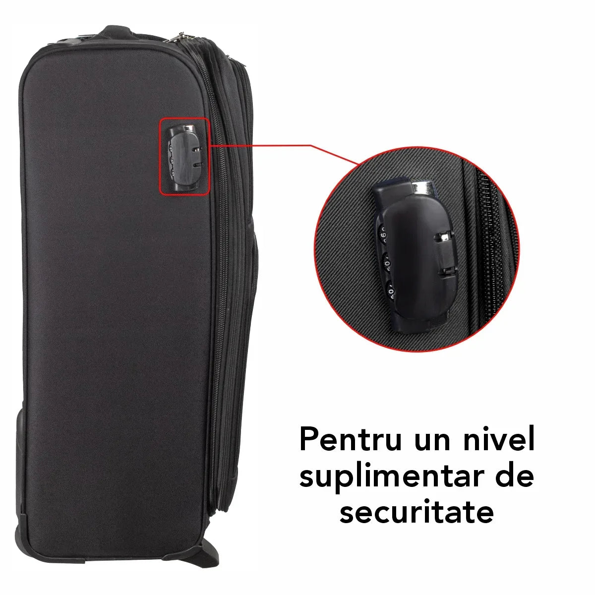 Troler voiaj Mediu, Naimeed D5978, 2 roti, material textil, inchidere cifru, Negru, 40x28x63cm