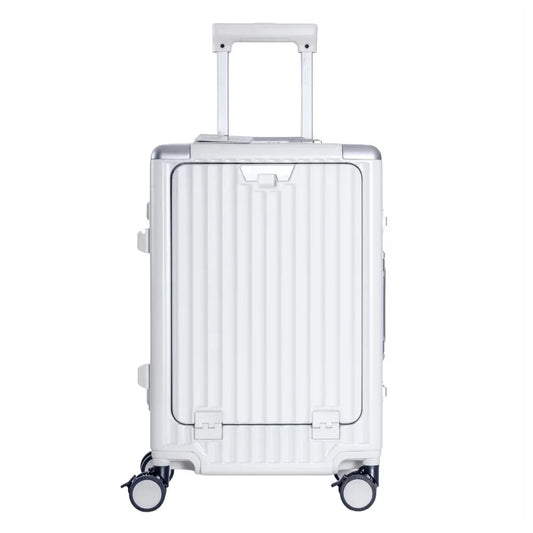 Troler, cabina avion, Naimeed D5989, Premium Voyage, fibra de carbon, port USB, compartiment pentru laptop, inchidere cifru, Alb, 49x34x24cm