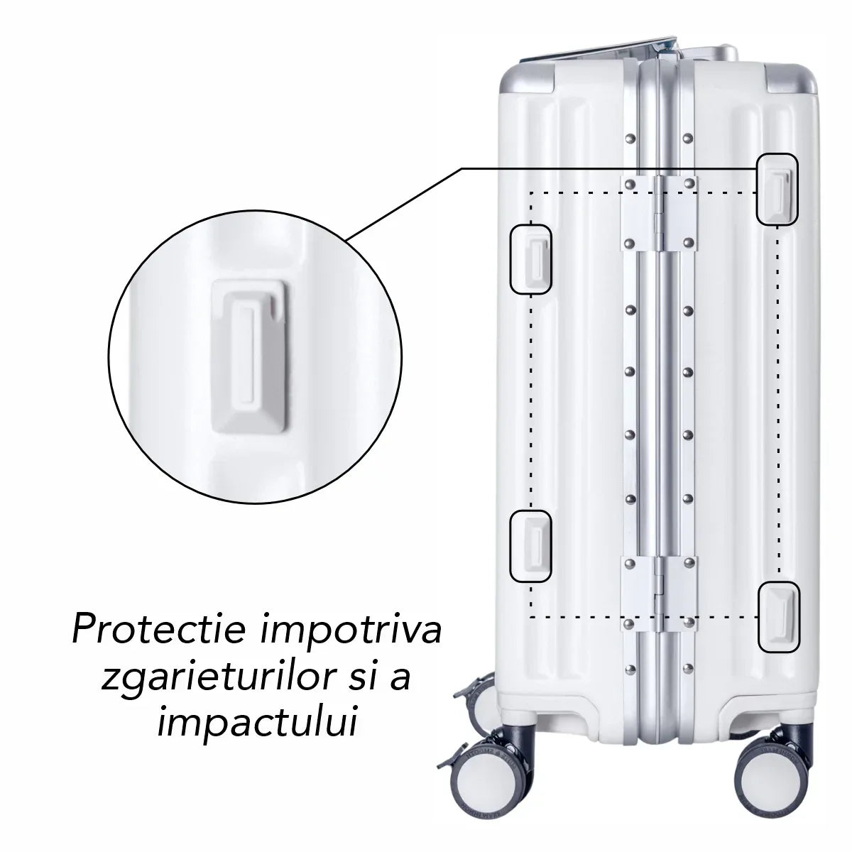 Troler, cabina avion, Naimeed D5989, Premium Voyage, fibra de carbon, port USB, compartiment pentru laptop, inchidere cifru, Alb, 49x34x24cm