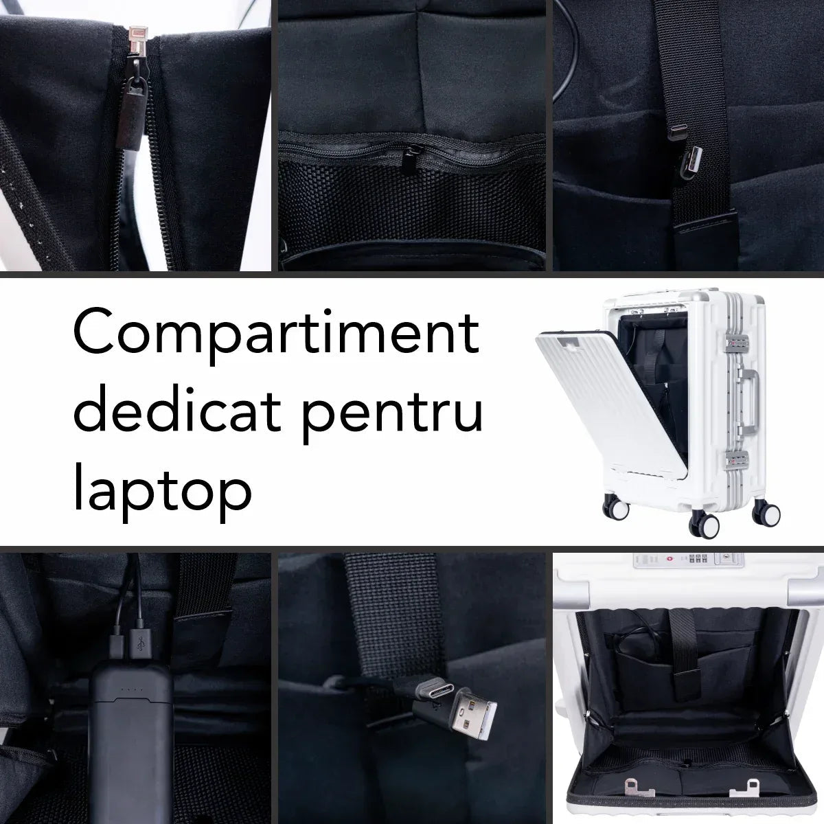 Troler, cabina avion, Naimeed D5989, Premium Voyage, fibra de carbon, port USB, compartiment pentru laptop, inchidere cifru, Alb, 49x34x24cm