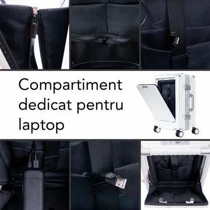 Troler, cabina avion, Naimeed D5989, Premium Voyage, fibra de carbon, port USB, compartiment pentru laptop, inchidere cifru, Alb, 49x34x24cm